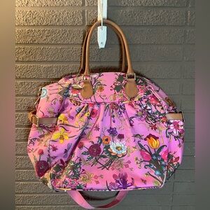 Oilily Pink Floral Satchel Tote Bag w Leather Handles & Crossbody Strap
